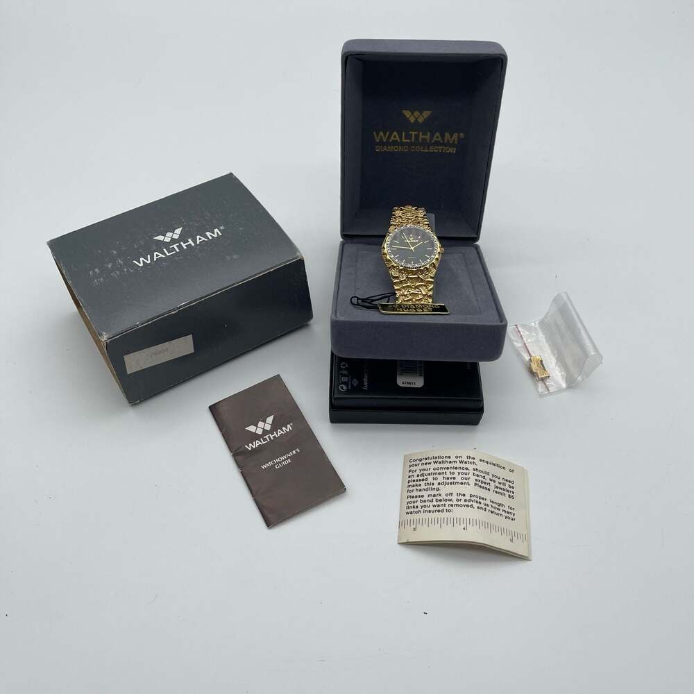 Vintage Waltham‎ Diamond Collection Gold Tone Nugget Watch with Box and Papers